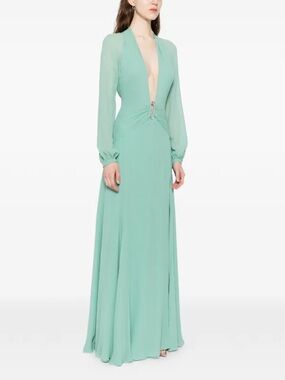 Versace Mint Green Long Sleeve Plunge Maxi Dress